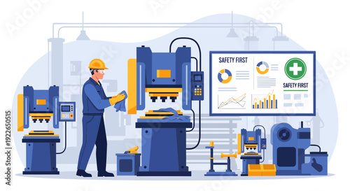 Industrial worker operating heavy machinery in a manufacturing plant.