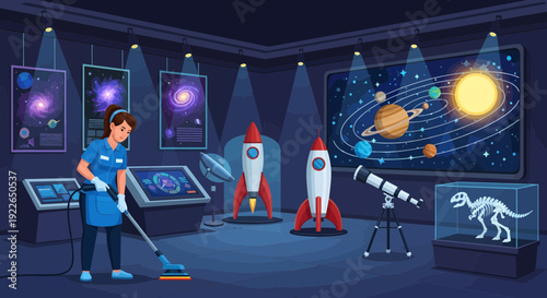 Janitor cleaning a science museum exhibit hall.