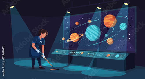 Janitor cleaning the floor in a museum or science exhibit.