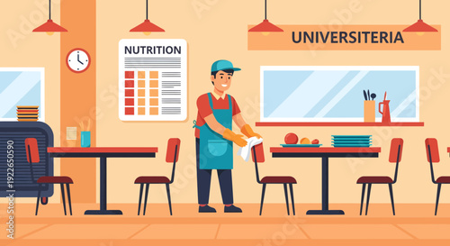 Male university cafeteria worker cleaning table with cloth.
