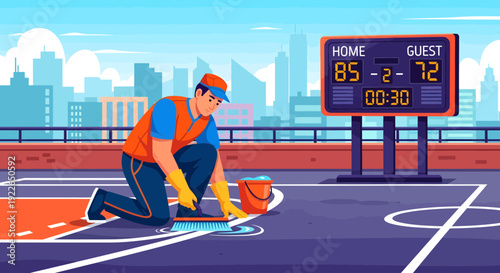 Man painting lines on a basketball court.