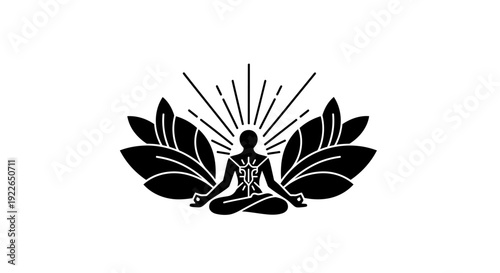 Person Meditating in Lotus Position with Sun Rays and Leaves Logo, isolated white background