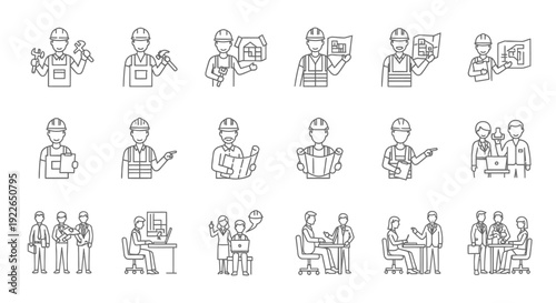 Set of Line Icons Depicting Construction Workers and Building Activities, isolated white background.