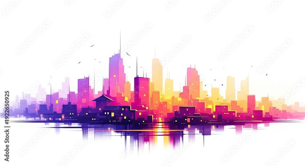 Fototapeta premium Vibrant cityscape at sunset with reflections on water