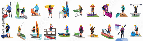 Diverse Kayaking Adventures and Preparations: A Comprehensive Collection of Illustrations Showing People Engaging in Water Sports, Gear Handling, and Outdoor Recreation Activities.