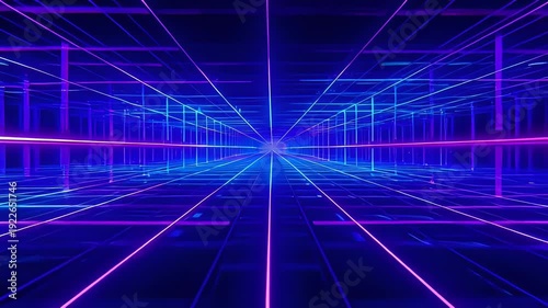 vibrant neon grid perspective futuristic dark blue purple light rays
