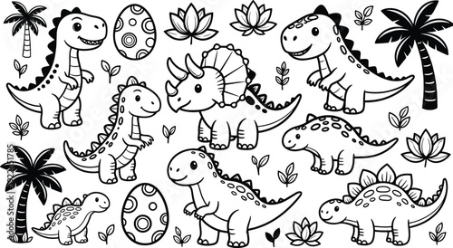 Cute cartoon dinosaur coloring page collection with eggs and tropical plants, black and white outline vector illustration