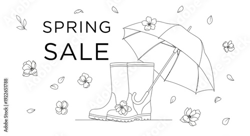 Spring Sale - Boots, Umbrella, Flowers - Seasonal Offer Banner