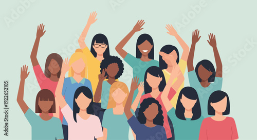 Diverse group of women raising hands in unity and celebration.