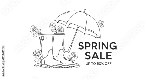 Spring Sale Boots Umbrella Flowers Outline Drawing White Background