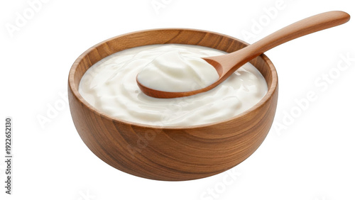 Wooden bowl with yogurt and spoon isolated on transparent background