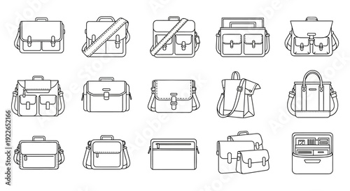 A collection of various messenger bags, briefcases, and satchels in outline style, suitable for graphic design resources.