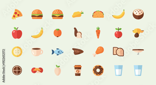 Collection of various food and drink icons in a flat design style.