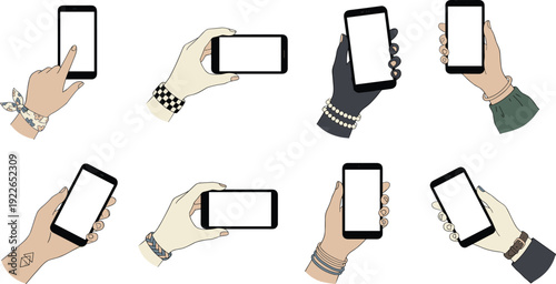 Hands holding smartphones in different positions, modern flat vector illustration of mobile phone mockups isolated on white background