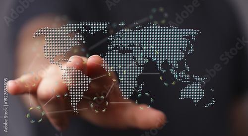 Hand reaching out to world map showing connection, global network, communication, technology, modern, future, digital c