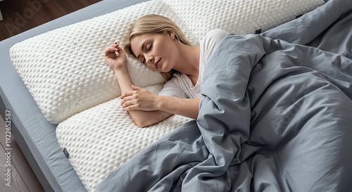 Woman peacefully sleeping in cozy bed with soft pillows and blanket serene morning indoor bedroom setting comfortable sleep concept resting dreaming