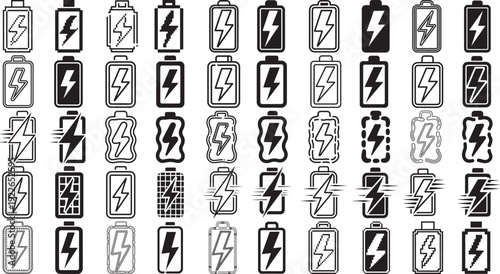 Collection of various battery icons in different styles and designs on white background