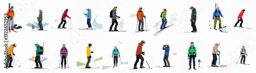 Diverse collection of flat vector illustrations depicting people enjoying various winter sports and ski touring activities in snowy mountain landscapes.