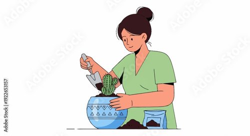 Young woman enjoying her indoor gardening hobby, carefully potting a small cactus plant into a decorative ceramic planter with fresh soil