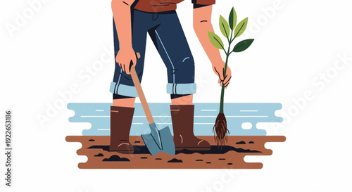 Illustration of person planting a seedling with a shovel in a soil near a body of water