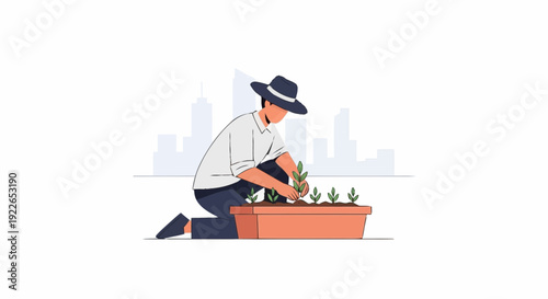 Gardening concept with a person planting in a rooftop garden with a city skyline in the background, representing urban farming and sustainable living