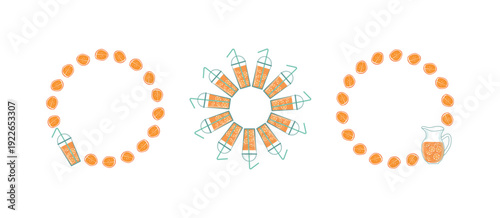 A pitcher of orange juice drinking glass. Banner set, frame. Natural lemonade, healthy drink, food, fruit, citrus slices. Healthy food. Recipe, summer drink, background with space for text.