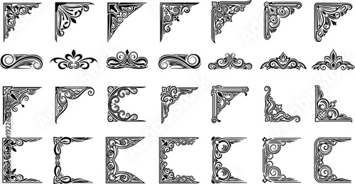 Vintage ornamental corner border collection decorative filigree frame vector illustration set