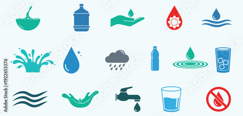 Water and Hydration Flat Icon Set ? Colored Vector Collection with Water Drop, Bottle, Tap, Splash and Conservation Symbols