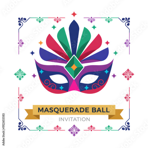 Colorful masquerade mask with decorative elements and invitation text  