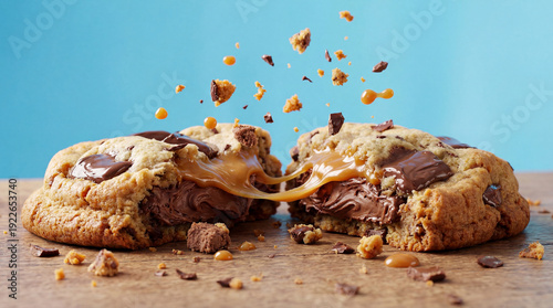 Valokuva Chocolate cookie filled with chocolate and caramel