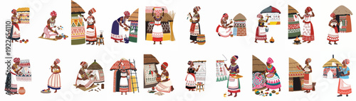 African Ndebele women painting traditional vibrant geometric patterns on homes and pottery, celebrating rich cultural artistry.