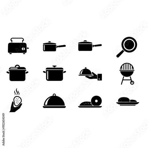 Kitchen cooking utensils and appliances icon set featuring pots pans toaster grill and food service symbols for restaurant menu design home culinary arts and catering business branding vector.