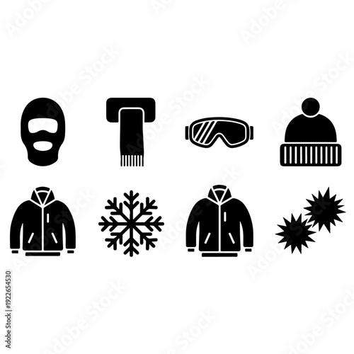 Winter apparel and accessory icon collection featuring balaclava scarf goggles beanie jacket and snowflake symbols for cold weather fashion outdoor sports and seasonal outdoor activity branding.