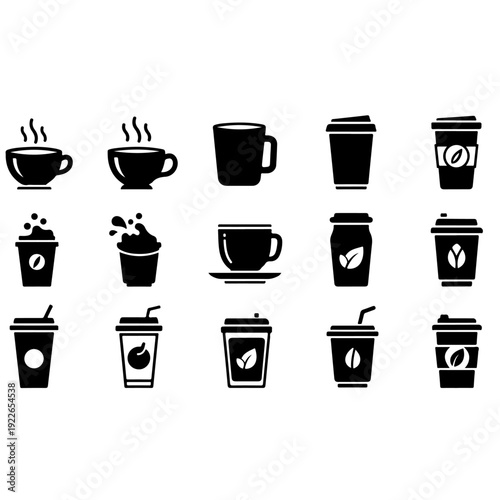 Comprehensive set of coffee and beverage icons including espresso cups takeaway mugs iced coffee and latte art for cafe menu design branding and restaurant graphics in flat black and white vector.