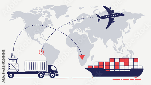 Global logistics and transportation network with truck, ship, and airplane