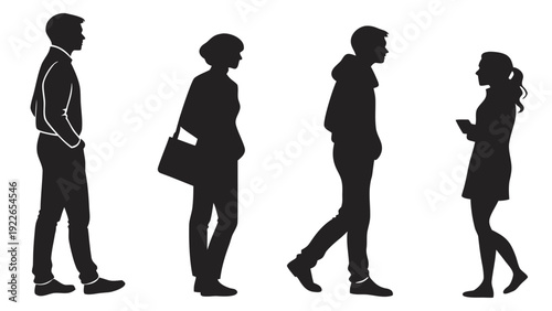 Silhouettes of diverse people walking in business attire