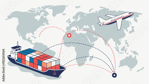 Global shipping and logistics network with cargo ship and airplane