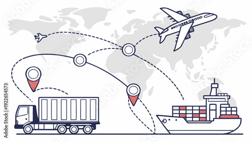 Global logistics network with cargo ship, truck, and airplane