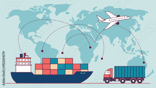 Global logistics and transportation network with cargo ship, truck, and airplane