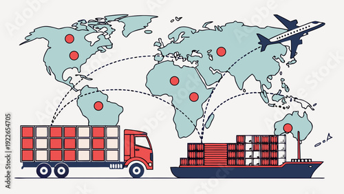 Global logistics and transportation network with cargo ship, truck, and airplane