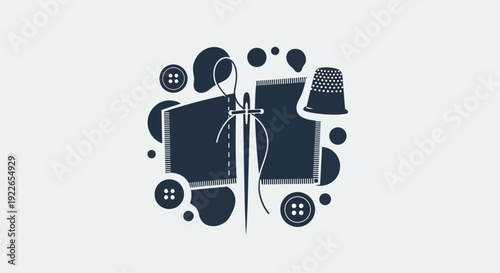 Sewing illustration with scissors, threads, buttons, and thimble in a graphic design