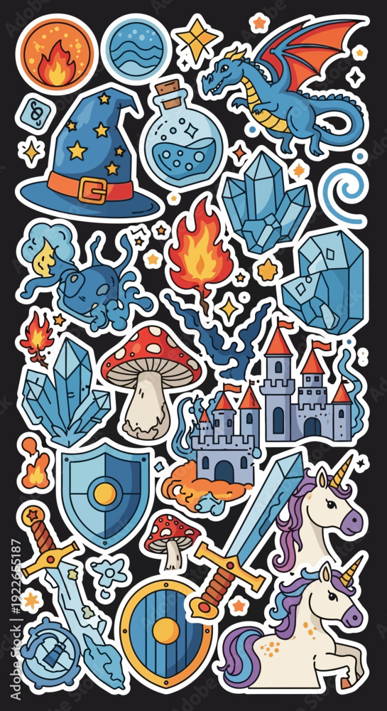 Naklejka premium Fantasy Cartoon Sticker Set with Magical Creatures.