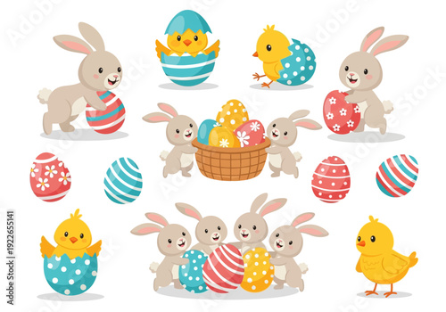 Easter Bunny Rabbits Chicks Eggs Illustration Set.