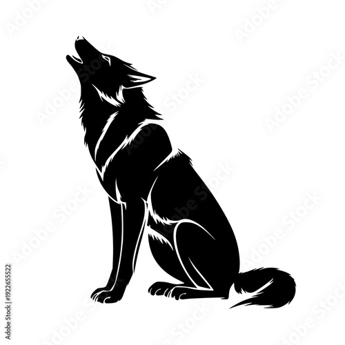 Dramatic wolf silhouette howling at the moon in stunning black and white