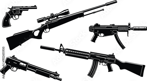 Firearms silhouette collection, pistol revolver shotgun sniper rifle and assault weapon isolated on white background illustration set