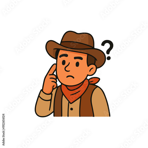 Confused cowboy thinking hard. Western man with puzzled expression. Rancher wondering with question mark.