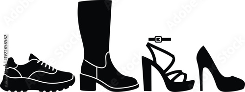 Footwear, silhouettes, sneaker, boot, sandal, high heel, fashion, shoes, collection, vector, illustration, black, white, isolated, style, apparel, design, set, trendy, icon