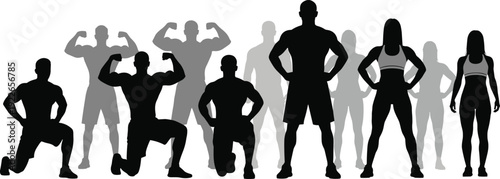 Fitness bodybuilder silhouettes showing strong muscular men and women, gym workout poses, bodybuilding concept, strength training, black white illustration