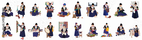 Hmong Women's Traditional Textile Arts: Illustrations Depicting Cultural Craftsmanship in Embroidery, Weaving, Dyeing, and Sewing.