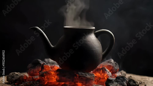 Wallpaper Mural Traditional black clay pot boiling over glowing red hot coals with rising steam Torontodigital.ca